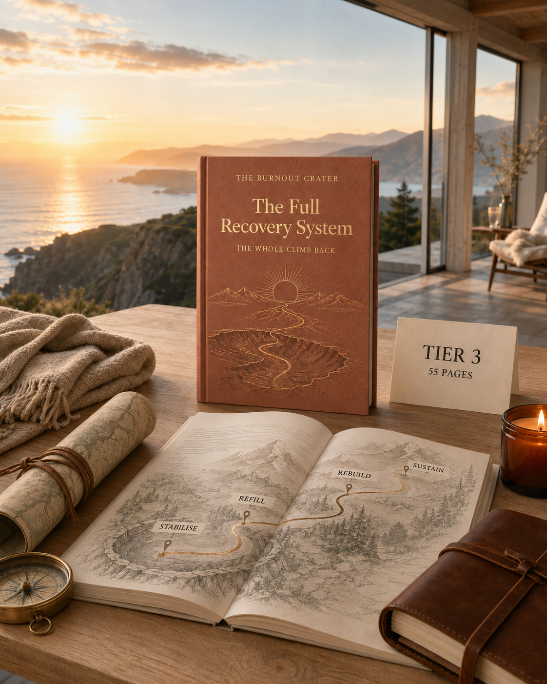 The Full Recovery System — tabbed hardcover guide with Stabilise, Refill, Rebuild, Sustain stage cards, Root-Cause Map, Readiness Markers, Life & Work Redesign, Early-Warning System, and Recovery Principles deck.