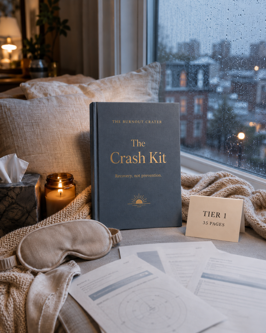 The Crash Kit — starter workbook, Four Anchors card, Bare-Minimum Day sheet, and One-Thing Method card on a warm wooden table.