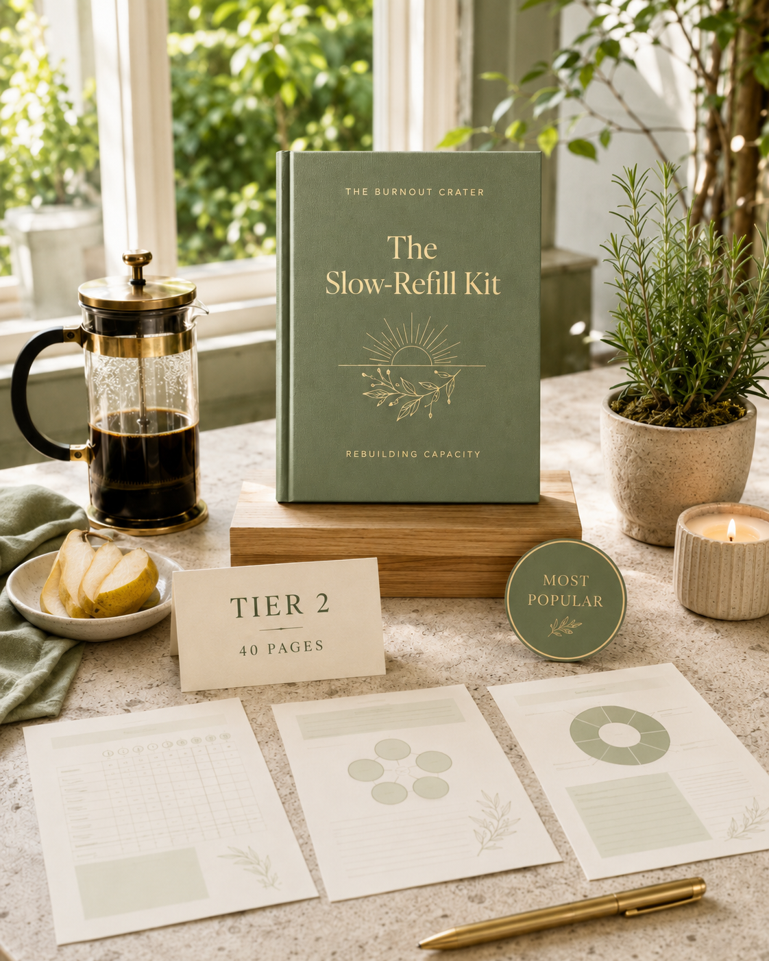 The Slow-Refill Kit — rebuild workbook with Four Energy Tanks, Daily and Weekly Energy Budget sheets, Boundary Scripts, Capacity Tracker, and Reintroduction Ladder.